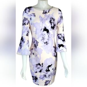 #121 Calvin Klein Cream Purple and Black Floral Bell  Sleeve Dress Size 12